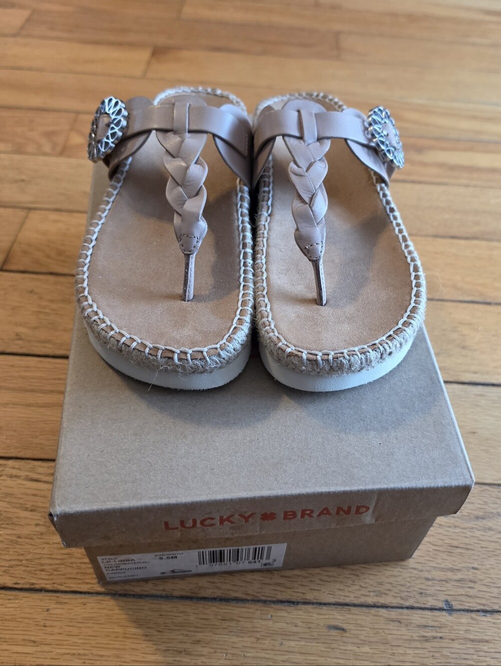 Lucky Brand Neutral Taupe Braided Thong Sandals with Silver Medallion